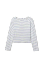 White long sleeve women's top with thin horizontal stripes and a crew neckline