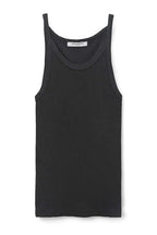 Black ribbed tank top for women with high neck and form-fitting style made from textured cotton fabric