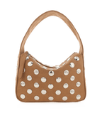 Brown faux leather women's handbag with silver circular studs and a single shoulder strap