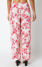Women's floral print pants with drawstring waist and pockets, lightweight woven fabric design for casual wear.