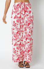 Women's wide-leg pants with red floral print and drawstring waist in lightweight fabric