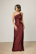 Satin One Shoulder Ruched Maxi Dress
