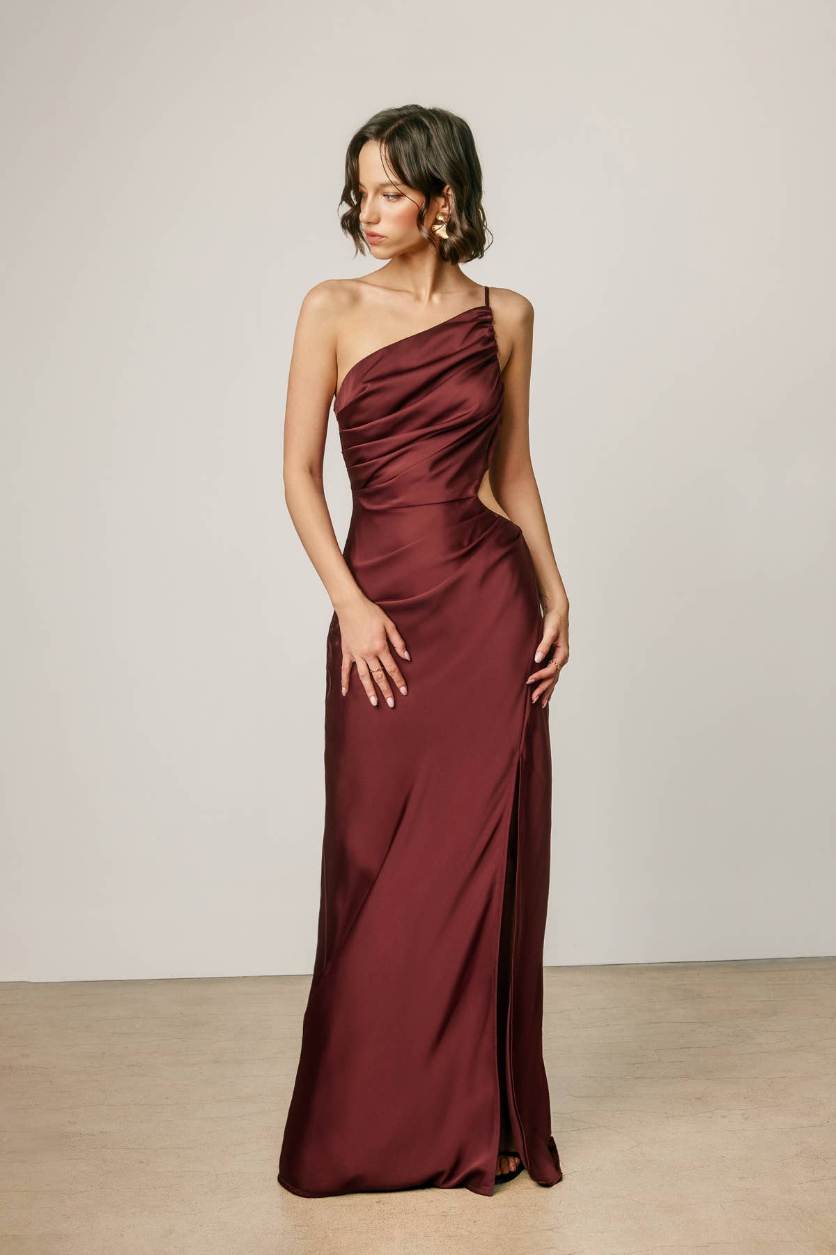 Satin One Shoulder Ruched Maxi Dress