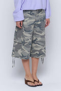 Washed camouflage wide leg cargo culotte pants with side pockets and drawstring hems