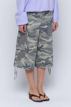 Washed Camo Wide Leg Cargo Culotte Pants