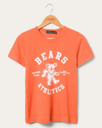 Orange women's t-shirt with white dancing bear graphic and Bears Athletics text, casual athletic style clothing