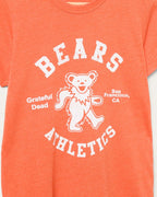 Orange women's athletic-style T-shirt with white dancing bear graphic and Bears Athletics text design