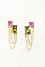 14K gold vermeil earrings with pink and olive green rectangular stones connected by delicate chain links