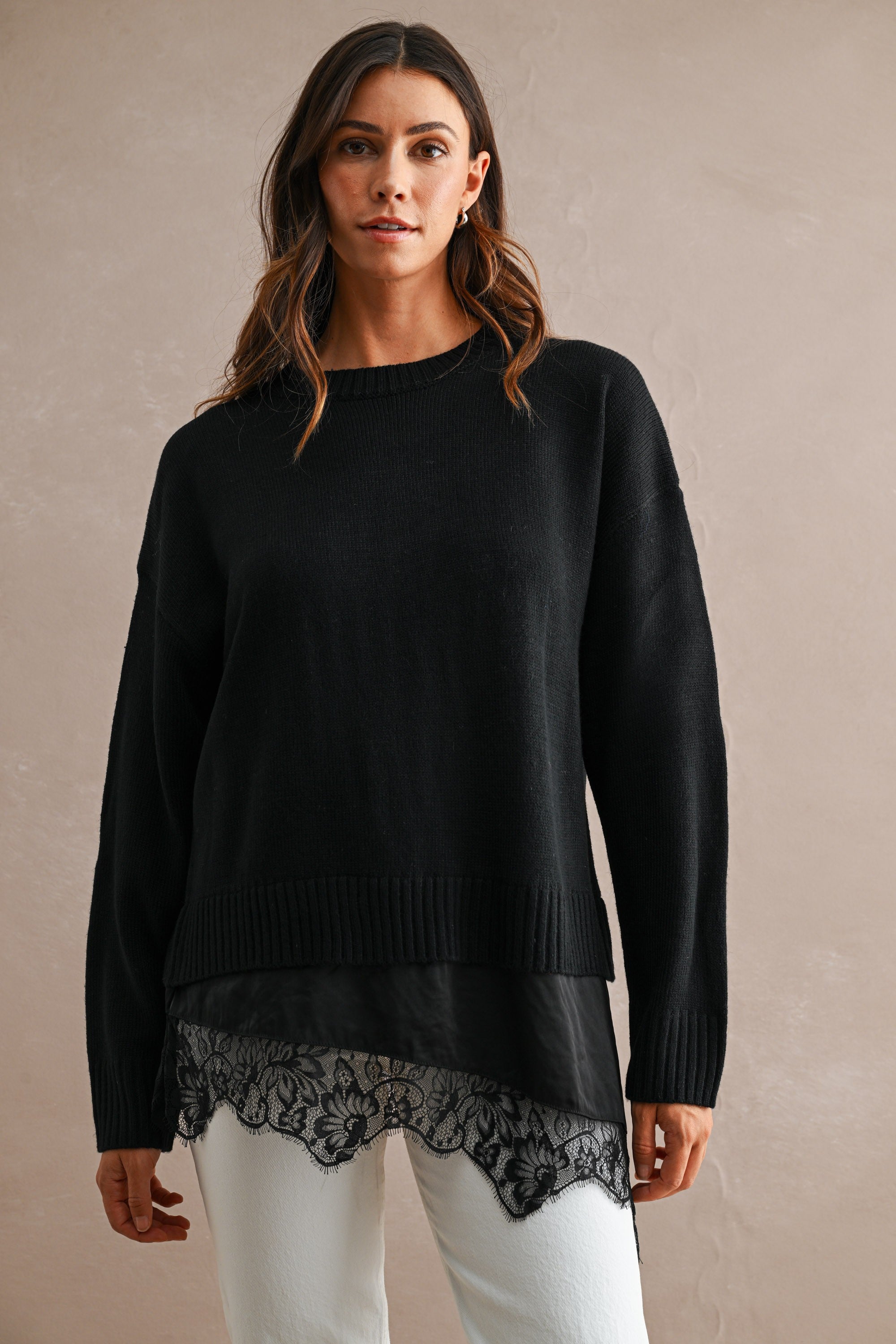 Knit Contrast Satin Lace Sweater