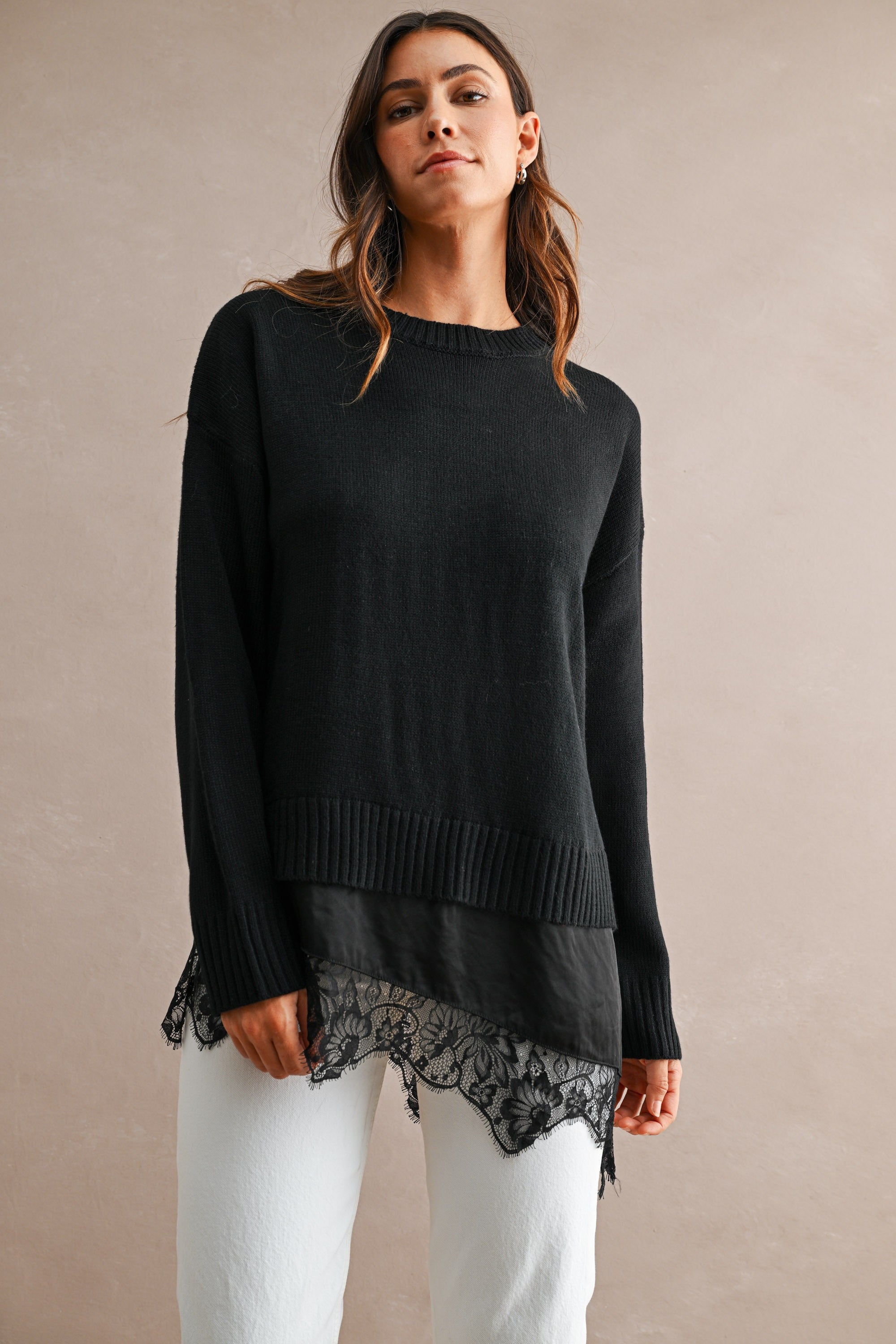 Knit Contrast Satin Lace Sweater