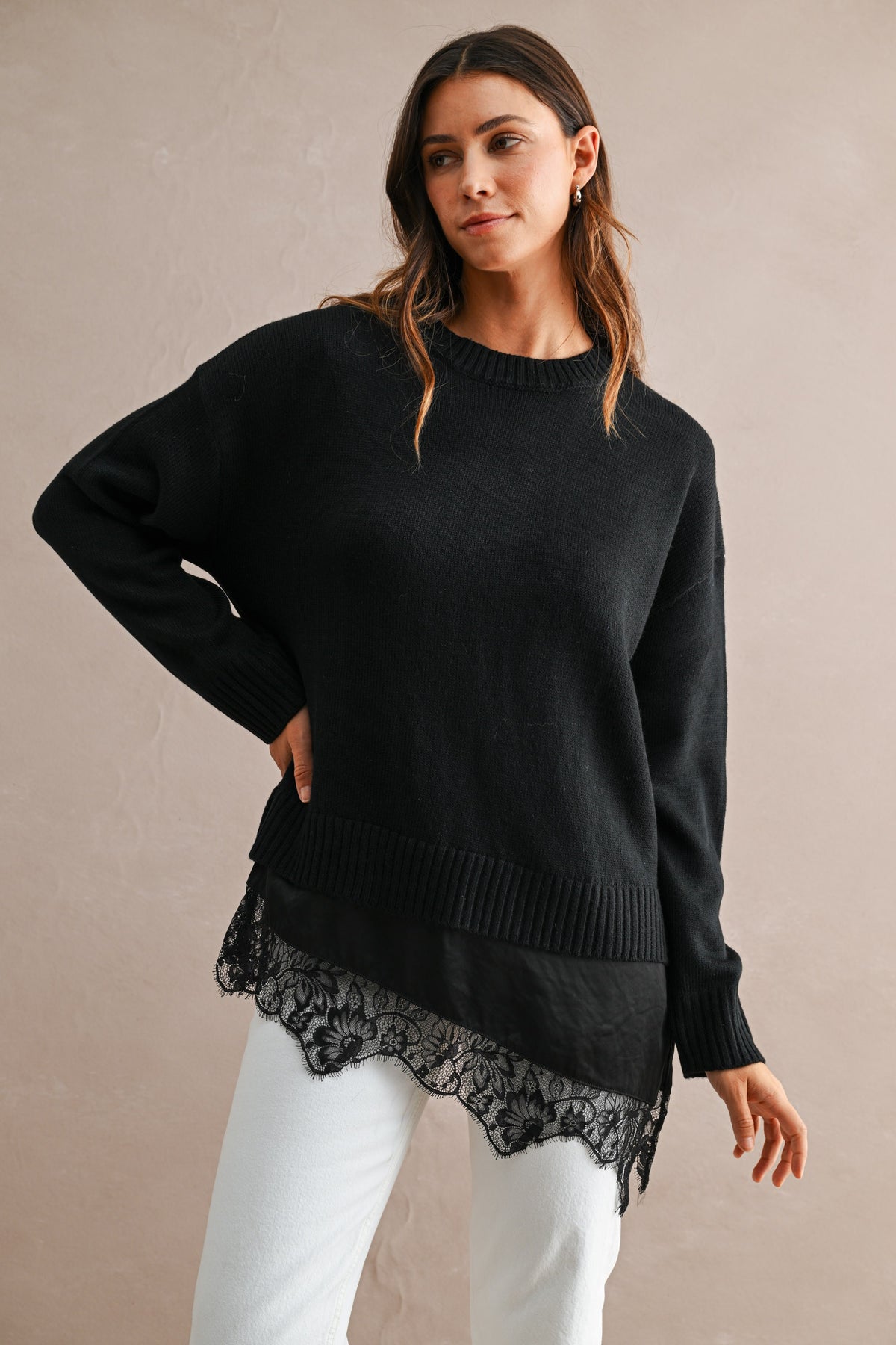 Knit Contrast Satin Lace Sweater