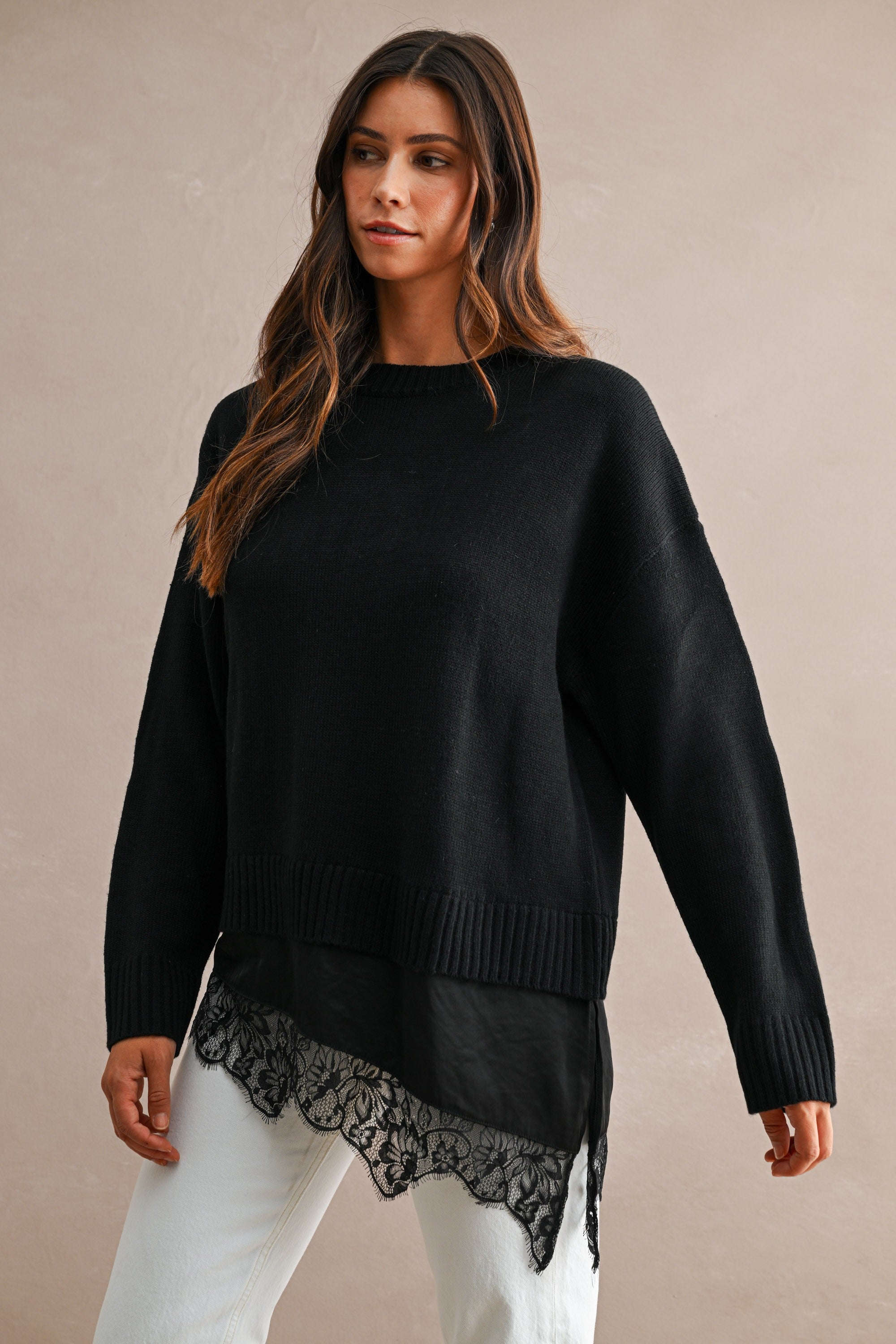 Knit Contrast Satin Lace Sweater