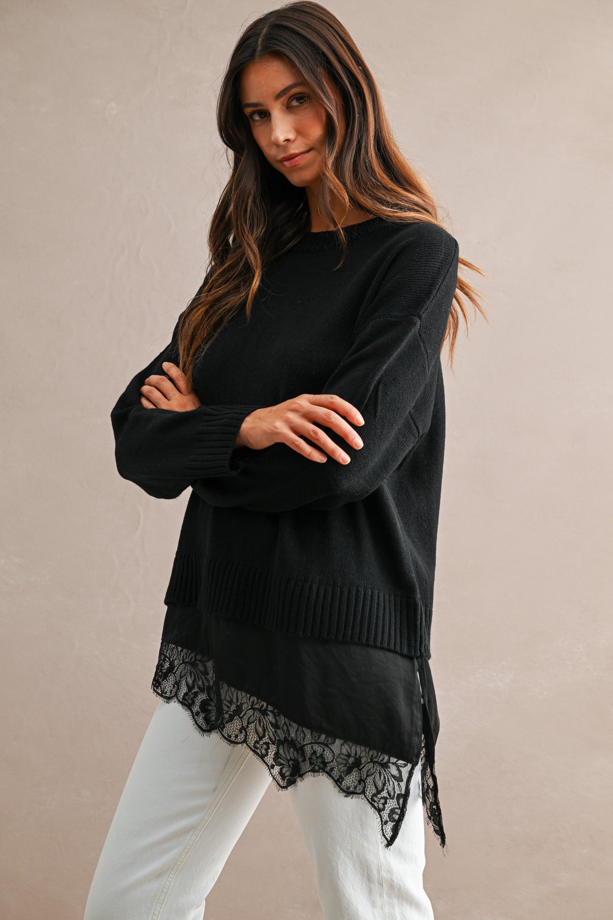 Knit Contrast Satin Lace Sweater