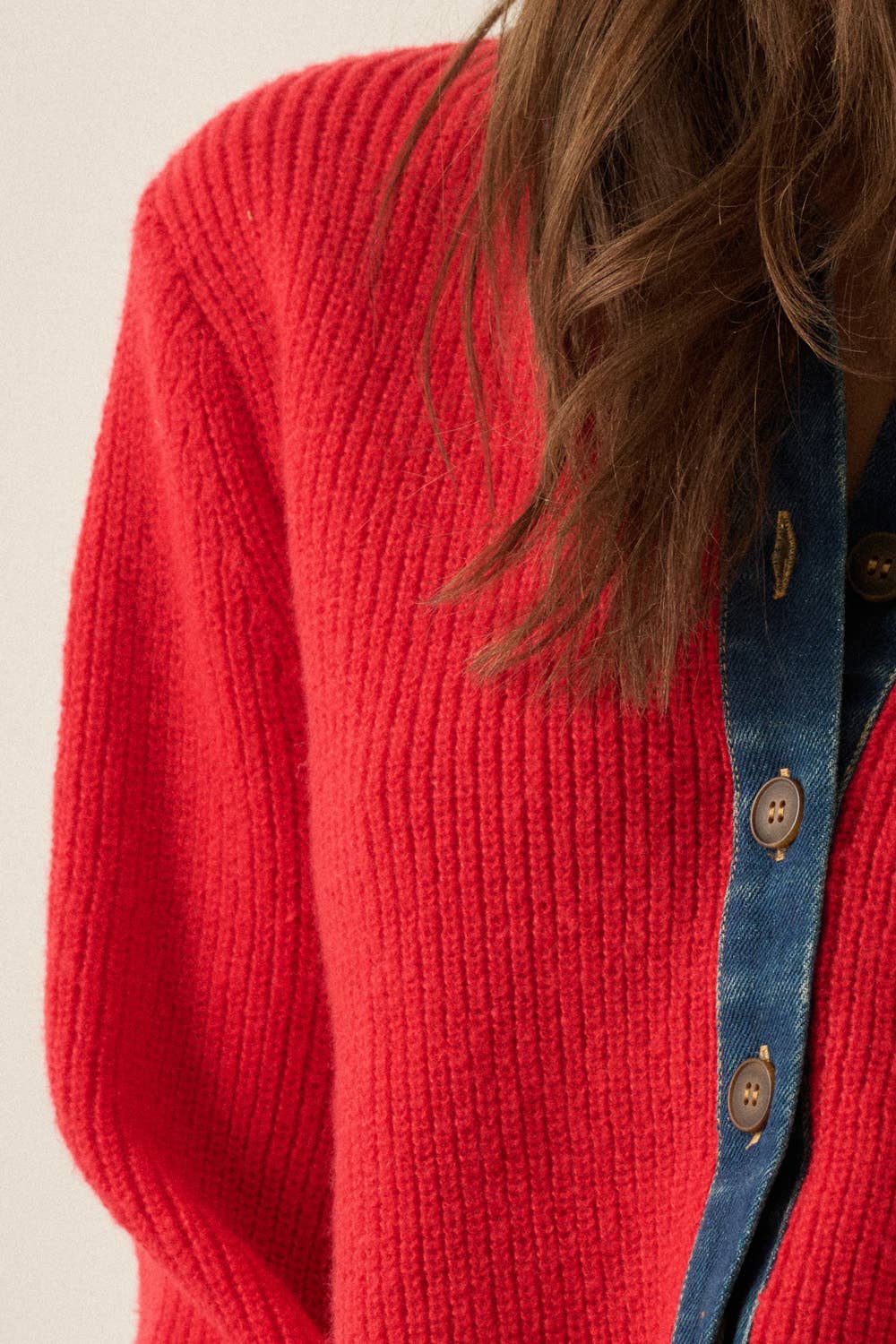Ribbed Knit and Denim Button-Front Collared Cardigan