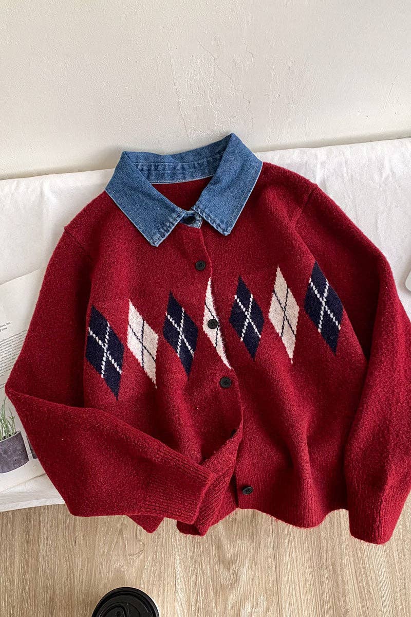 Argyle Knit Denim Cardigan