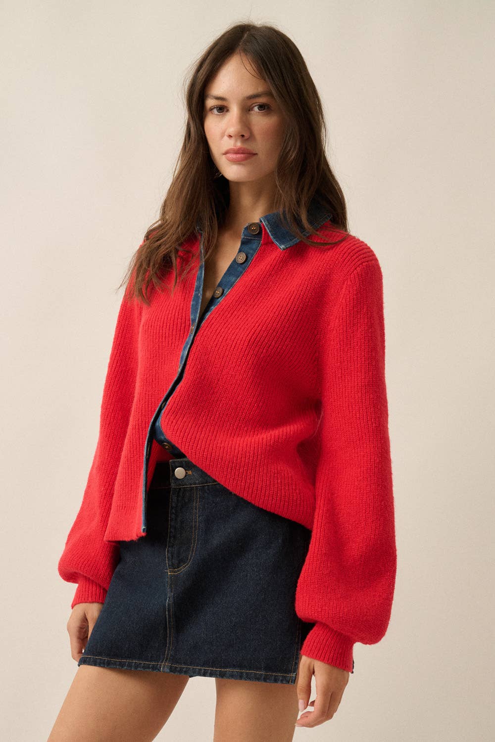 Ribbed Knit and Denim Button-Front Collared Cardigan
