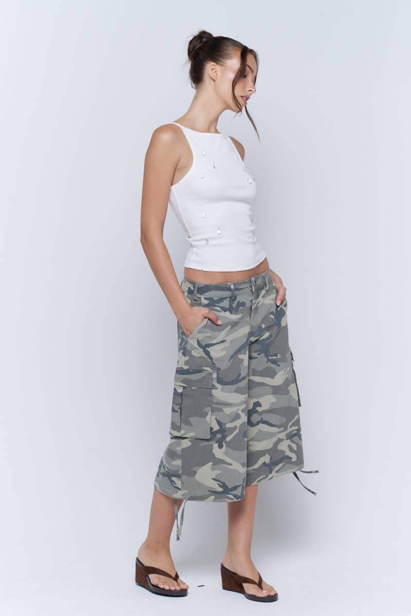 Washed Camo Wide Leg Cargo Culotte Pants