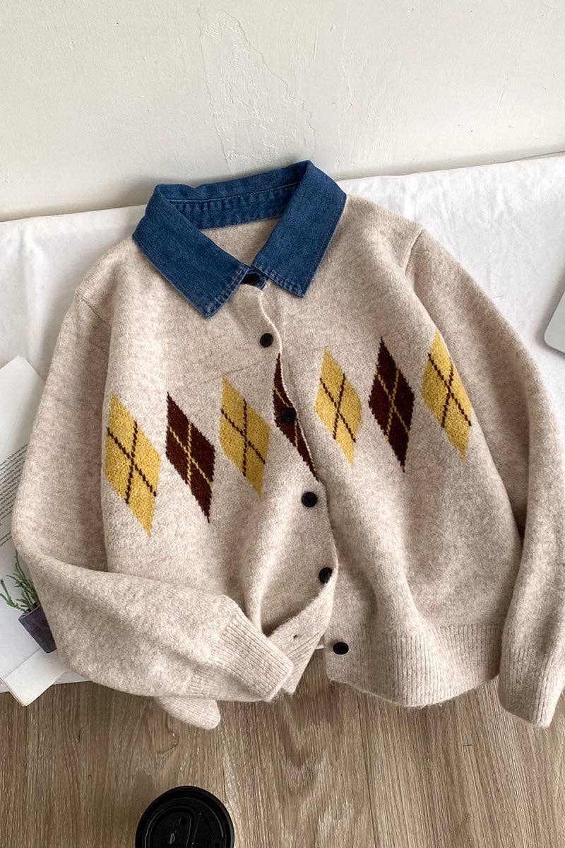 Argyle Knit Denim Cardigan