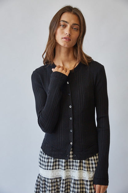 Lace Hem Rib Cardigan