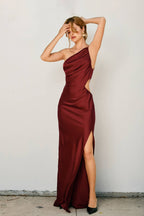 Satin One Shoulder Ruched Maxi Dress