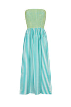 Women's strapless dress with smocked bodice and vertical turquoise and white striped skirt