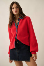 Ribbed Knit and Denim Button-Front Collared Cardigan
