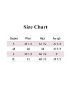Size chart for women's waist, hips, and length measurements in inches for small to extra-large shorts sizes.