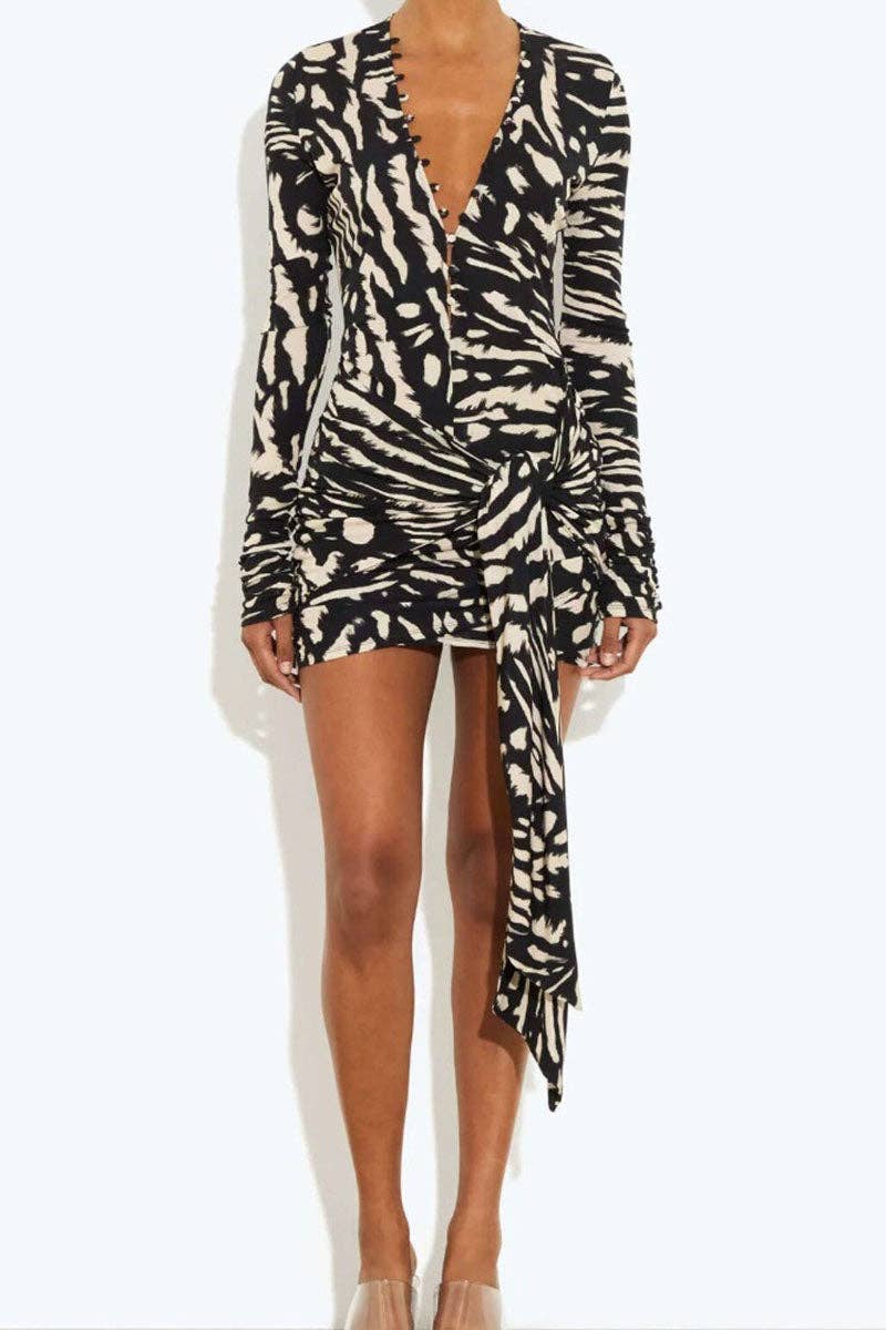 Long Sleeve V-Neck Wrap Mini Dress
