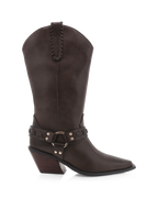 Dark brown women's western-style leather boot with stacked heel and decorative strap detailing