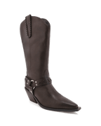 Dark brown women's leather cowboy boot with decorative strap and pointed toe design