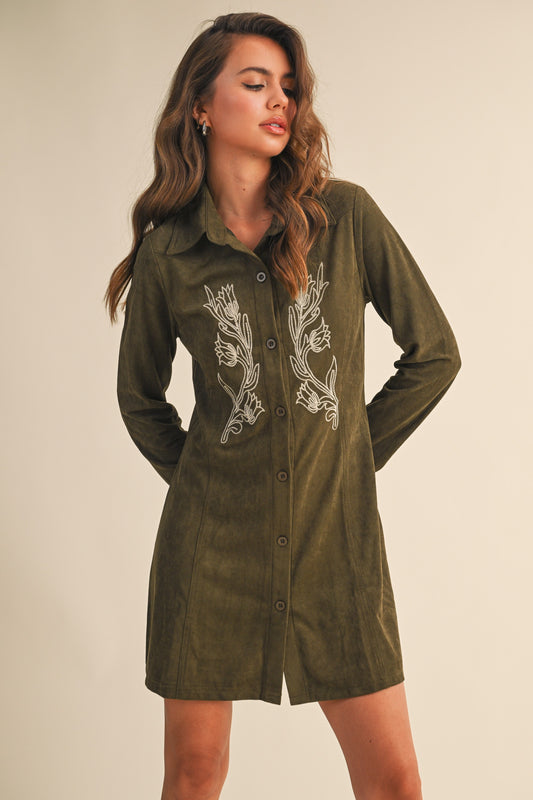 Embroidered  Western Faux Suede Dress