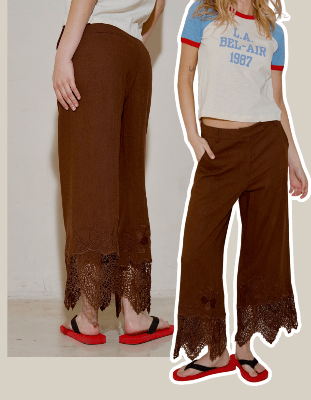 Embroidered Linen Trouser - Polkadots & Moonbeams LABeige BotanyBrownSEmbroidered Linen Trouser
