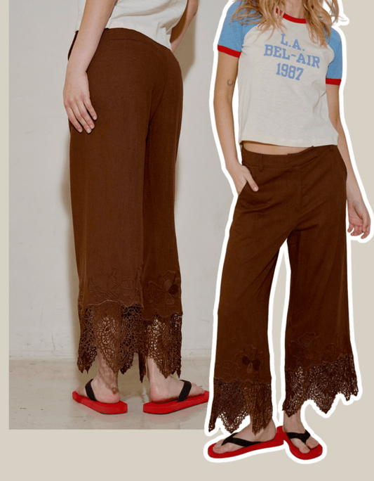 Embroidered Linen Trouser - Polkadots & Moonbeams LABeige BotanyBrownSEmbroidered Linen Trouser
