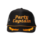 Black trucker hat with yellow embroidered "Party Captain" text and decorative accents on the brim for women's clothing accessory.