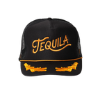 Black trucker hat with orange embroidered "Tequila" text and decorative designs, lightweight and casual style for women.