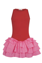 Sleeveless mini dress with a fitted red bodice and layered pink ruffled skirt for women's clothing.