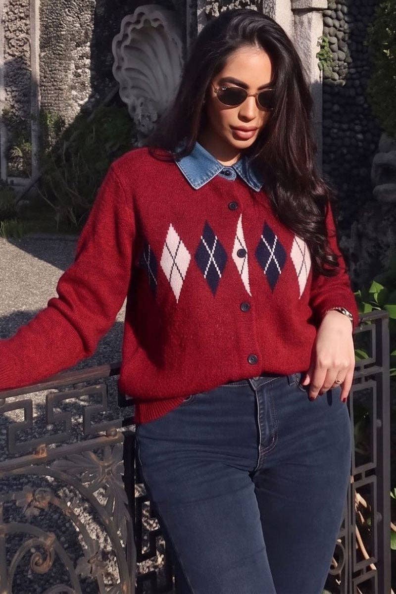 Argyle Knit Denim Cardigan