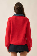 Ribbed Knit and Denim Button-Front Collared Cardigan