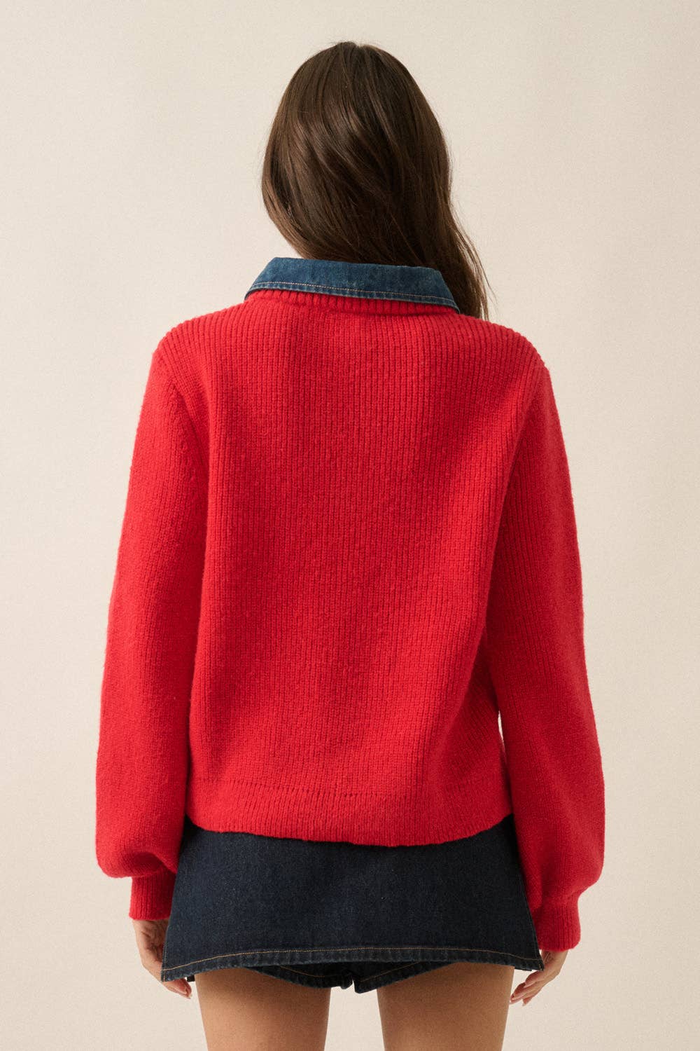 Ribbed Knit and Denim Button-Front Collared Cardigan