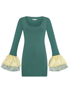 Green fitted long-sleeve mini dress with layered satin ruffle sleeves in yellow and light blue accents.