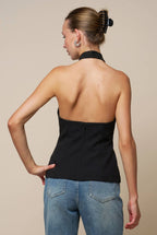 Mandarin Collar Clasp Button Up Halter Top