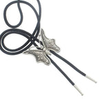 Black bolo tie with detailed silver butterfly clasp accessory for women's fashion and apparel outfits