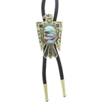 Vintage-inspired bolo tie with turquoise and red stone on black braided cords for women's fashion accessory.