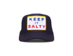 Navy trucker hat with mesh back and front patch reading "KEEP IT SALTY" in blue and red letters