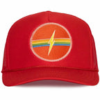 Red women's trucker hat with mesh back and rainbow lightning bolt emblem on the front panel