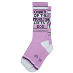Pink crew socks with white toes and heels featuring black and white stripes and playful text design