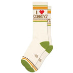 Cream-colored athletic socks with green accents and "I love Cowboys" text and heart graphic across the cuff