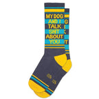 Pair of navy blue and yellow socks with bold text and striped design, suitable for casual women's clothing.