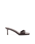 Side view of a brown leather mule with a mid-height heel for women's fashion footwear.