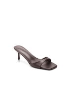 Stylish women's mule sandal with a low heel and square toe in smooth dark brown material.